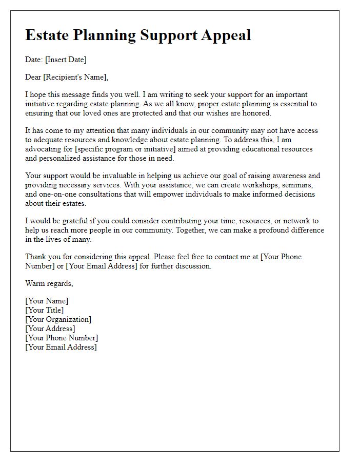 Letter template of estate planning support appeal