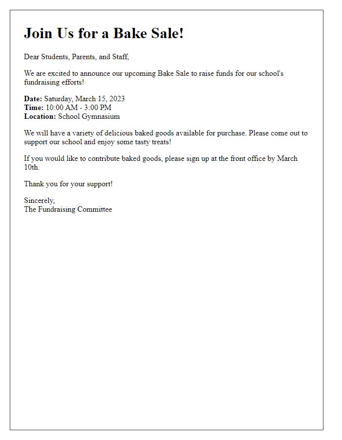 Letter template of a bake sale announcement for school fundraising