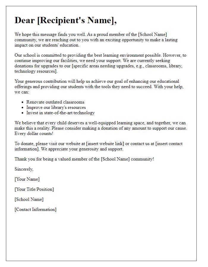 Letter template of a donation appeal for school upgrades