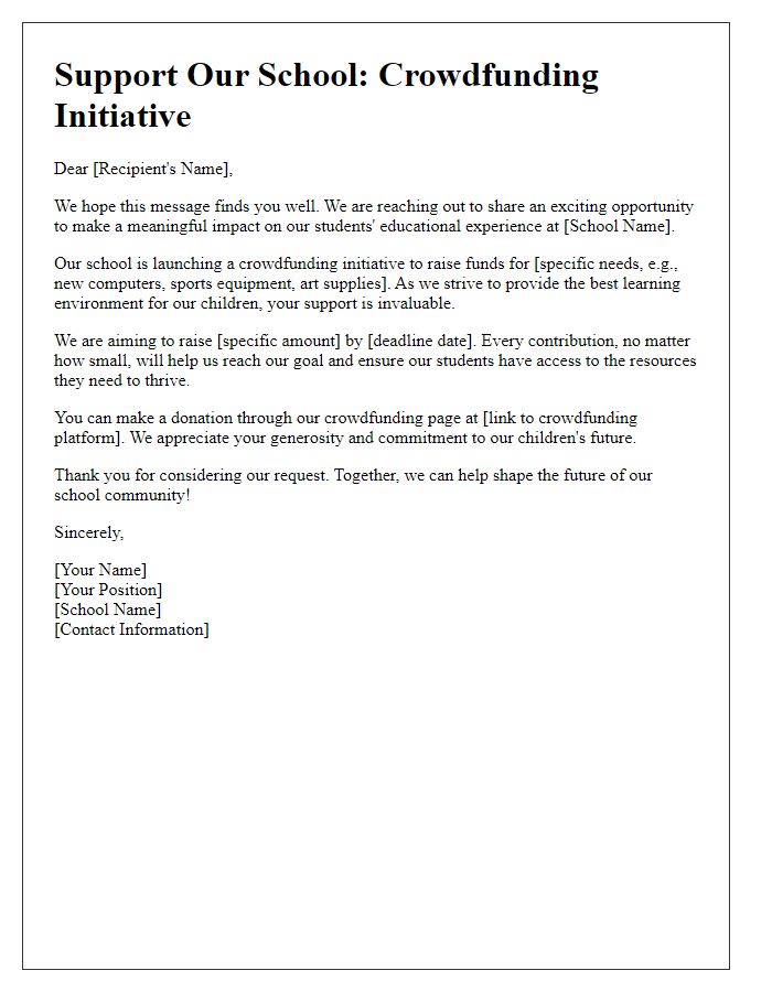 Letter template of an online crowdfunding initiative for school needs