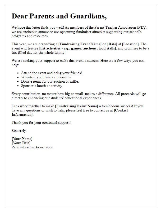 Letter template of a parent-teacher association fundraiser