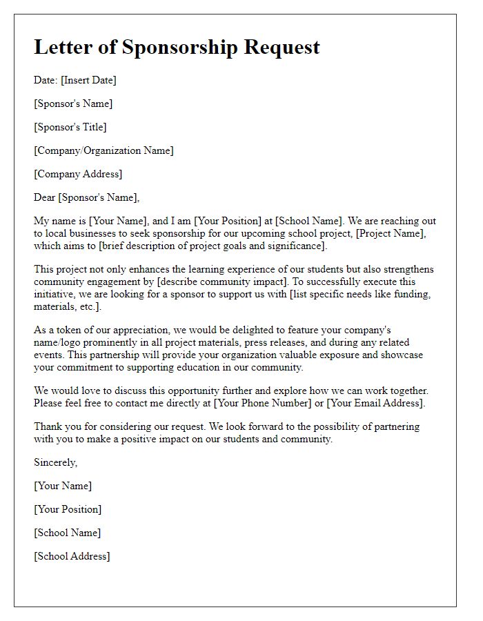 Letter template of a sponsorship request for school projects