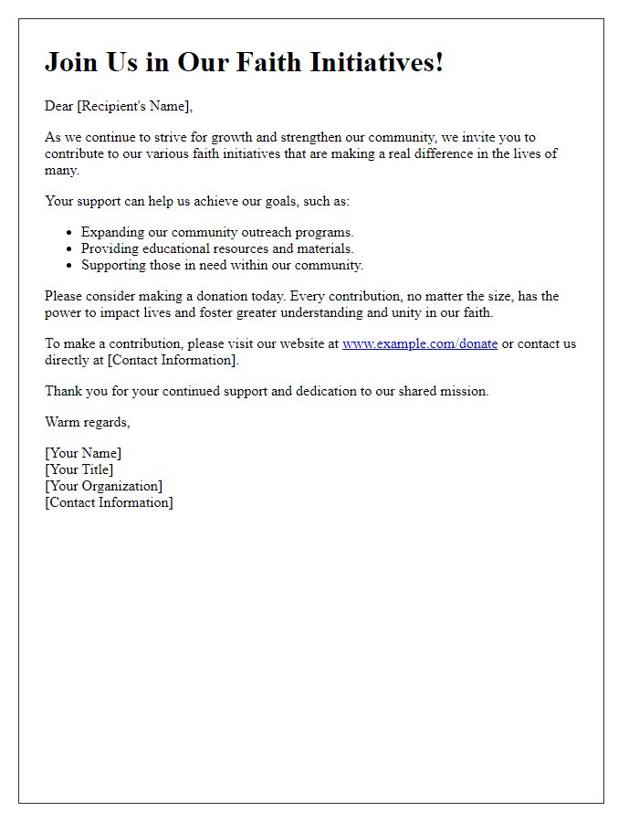 Letter template of Call to Action for Contributions to Our Faith Initiatives