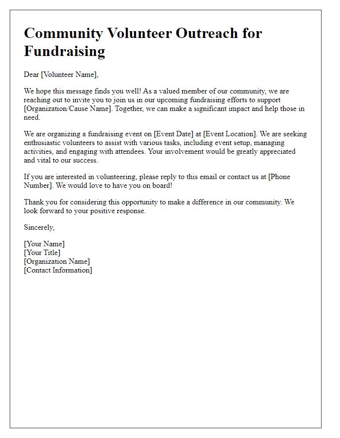 Letter template of outreach for community volunteers for fundraising efforts.