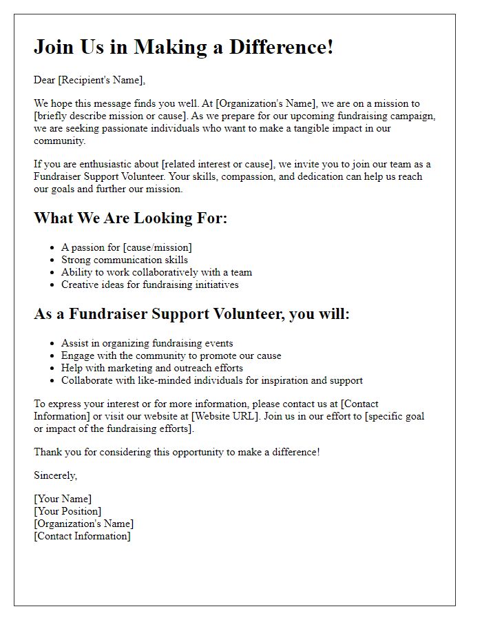 Letter template of recruitment for passionate individuals for fundraiser support.