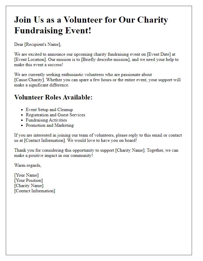 Letter template of request for enthusiastic volunteers for charity fundraising.