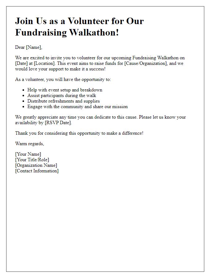 Letter template of Fundraising Walkathon Volunteer Invite