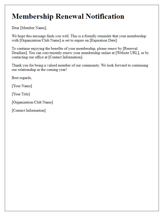 Letter template of membership renewal notification