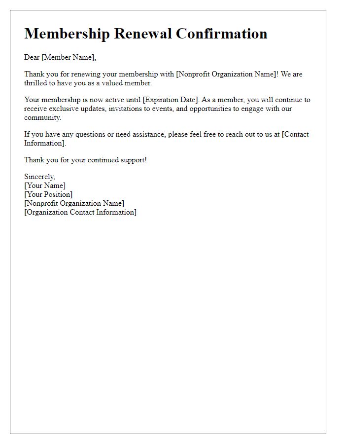 Letter template of nonprofit membership renewal confirmation