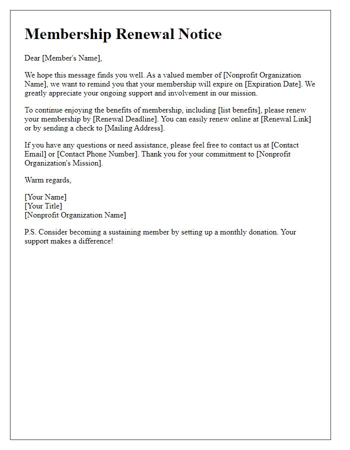 Letter template of nonprofit membership renewal notice