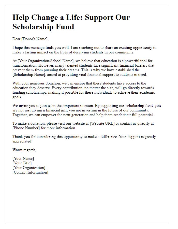 Letter template of scholarship fundraising letter for individual donors