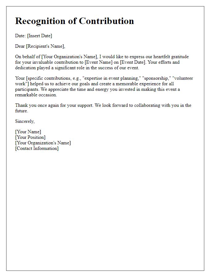 Letter template of recognition for contributing to our event