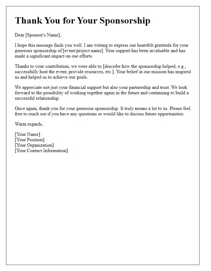 Letter template of sincere thanks for your sponsorship support