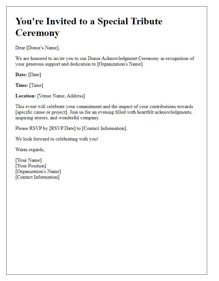 Letter template of tribute invitation for donor acknowledgment ceremony