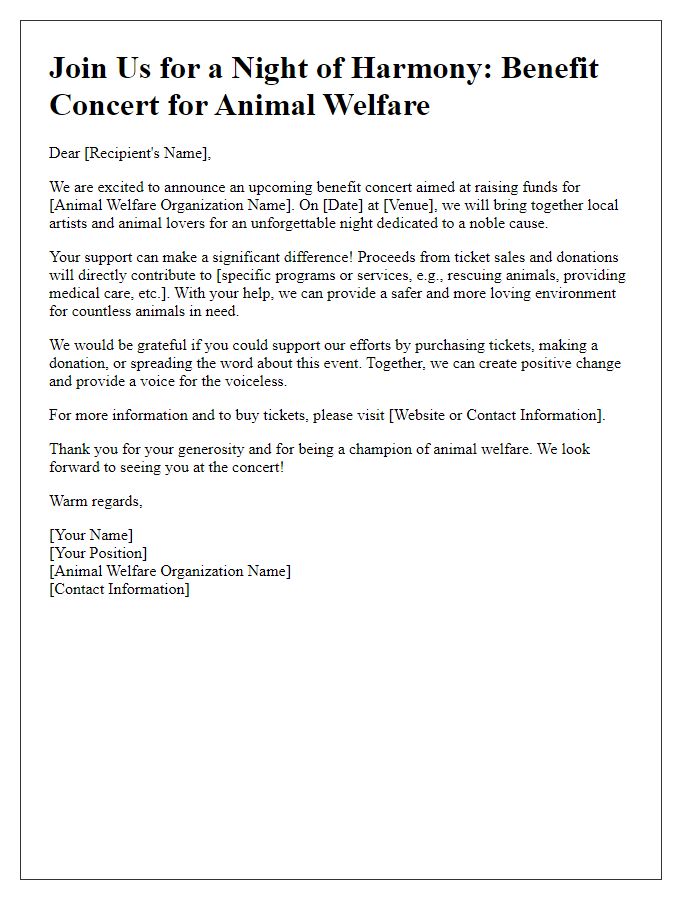 Letter template of benefit concert fundraising appeal for animal welfare organizations.