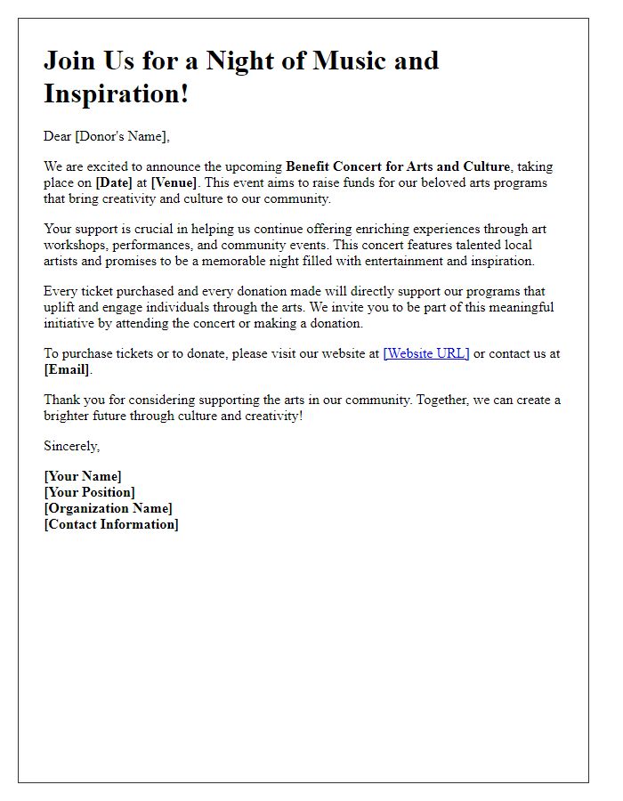 Letter template of benefit concert fundraising appeal for arts and culture programs.