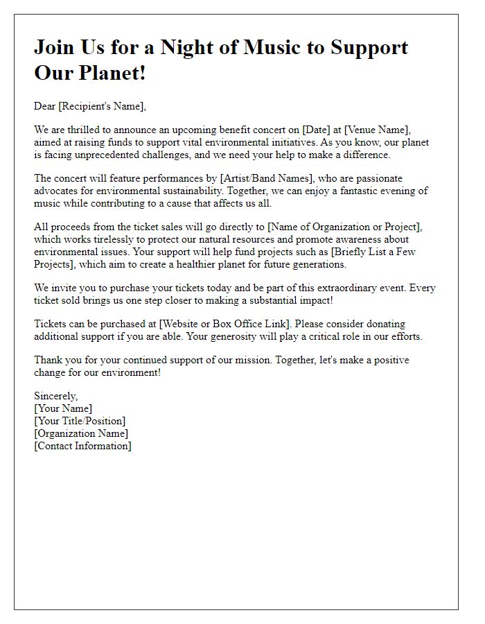 Letter template of benefit concert fundraising appeal for environmental causes.