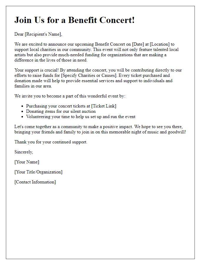 Letter template of benefit concert fundraising appeal for local charities.