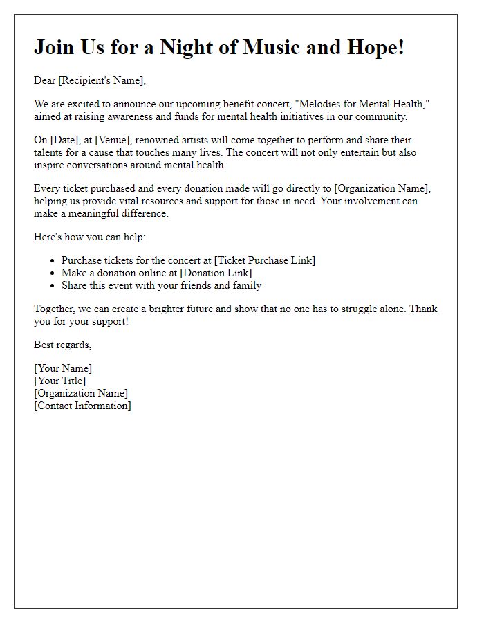 Letter template of benefit concert fundraising appeal for mental health awareness.