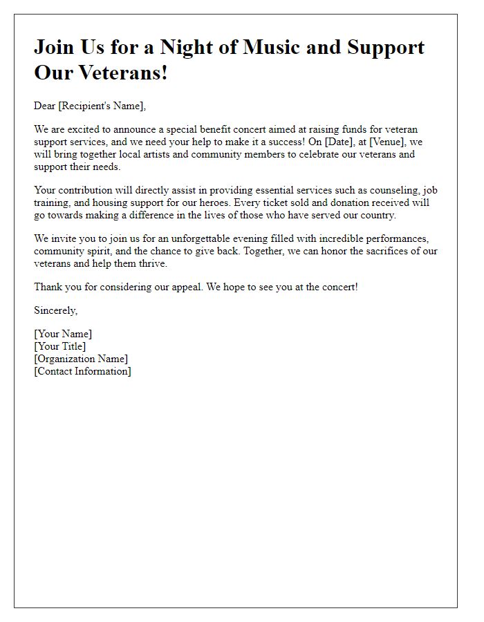 Letter template of benefit concert fundraising appeal for veteran support services.