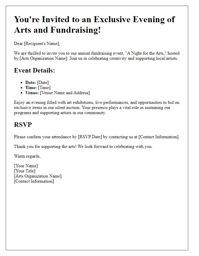 Letter template of event invitation for arts organization fundraising.