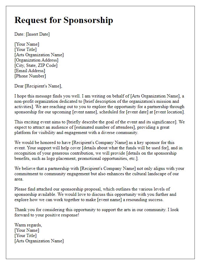 Letter template of sponsorship solicitation for arts organization fundraising.