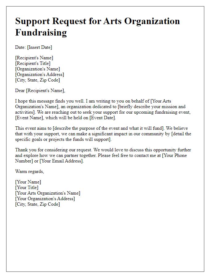 Letter template of support request for arts organization fundraising.