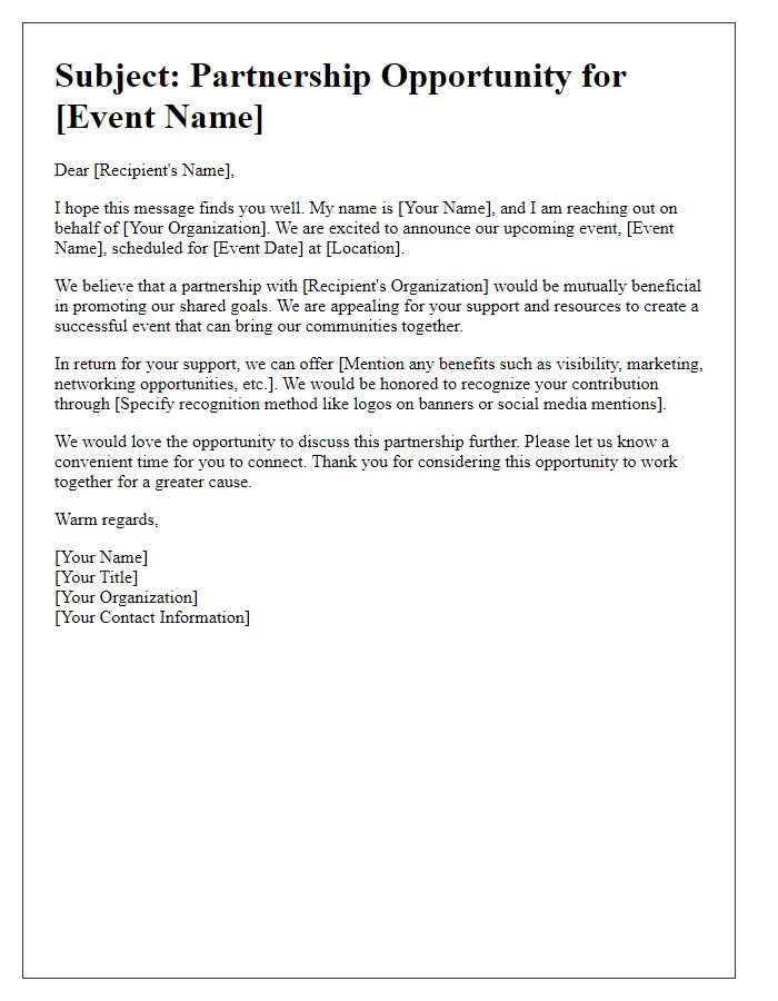 Letter template of event partnership appeal for resource sharing.