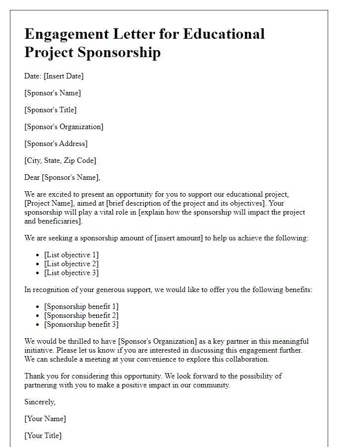 Letter template of engagement for educational project sponsorship