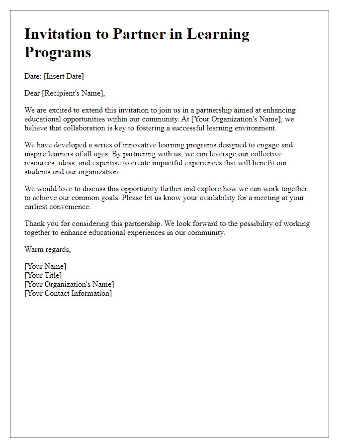 Letter template of invitation for partnership in learning programs