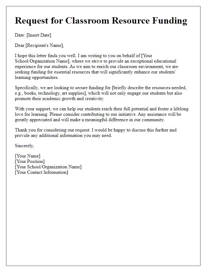 Letter template of outreach for classroom resource funding