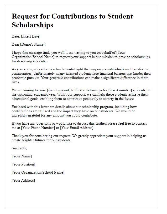 Letter template of request for contributions to student scholarships