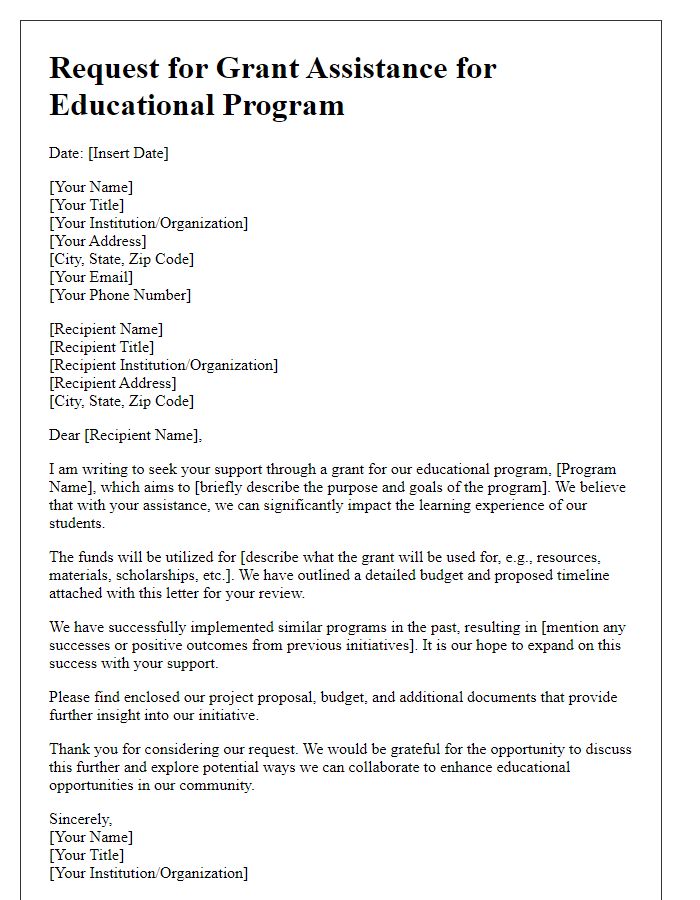 Letter template of solicitation for grant assistance for education