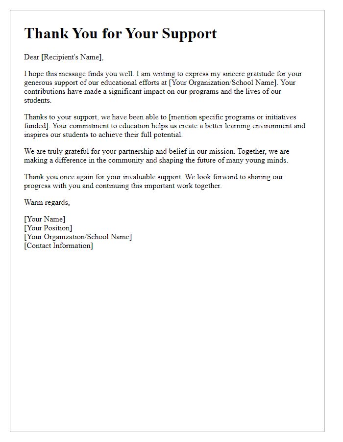 Letter template of thank you for supporting educational efforts