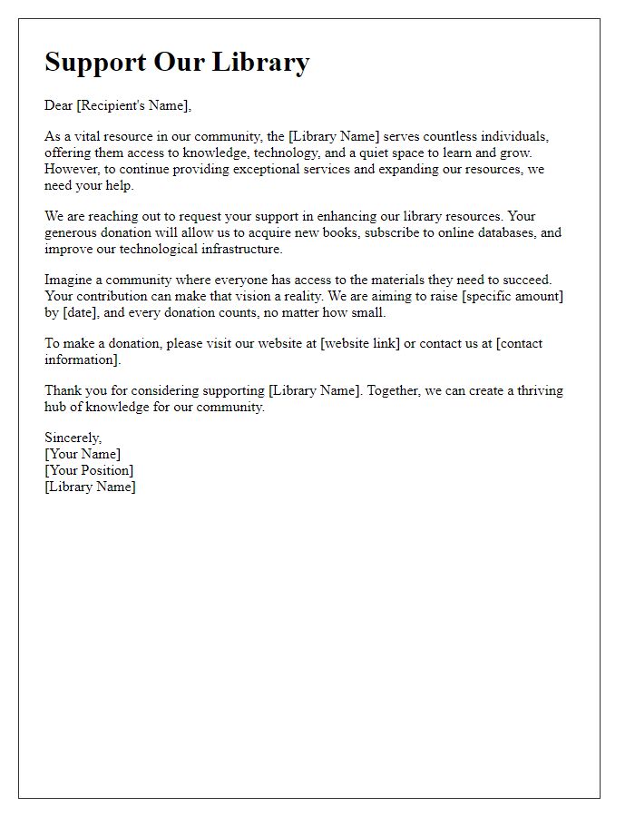 Letter template of appeal for donations to enhance library resources.