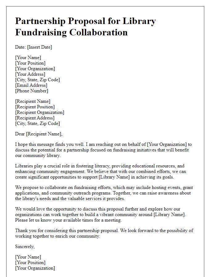 Letter template of partnership proposal for library fundraising collaboration.