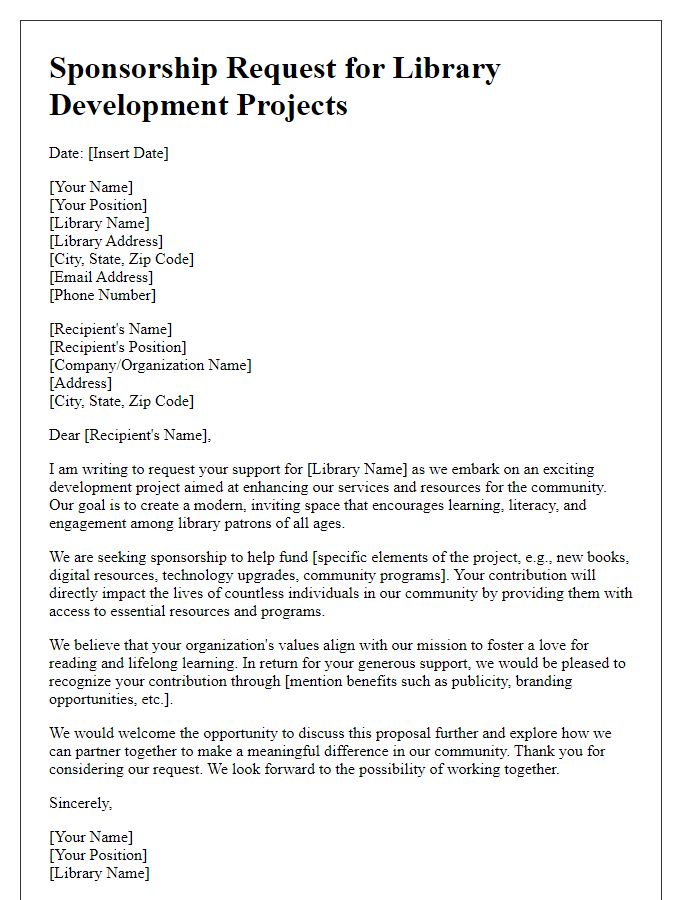 Letter template of sponsorship request for library development projects.