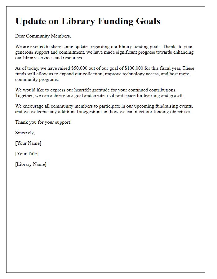 Letter template of updating community on library funding goals.