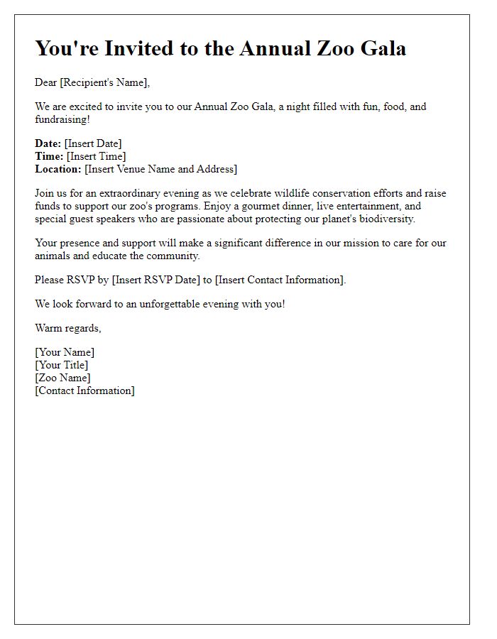 Letter template of invitation to zoo gala fundraising event.