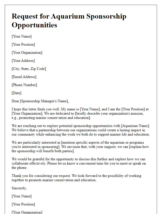 Letter template of request for aquarium sponsorship opportunities.