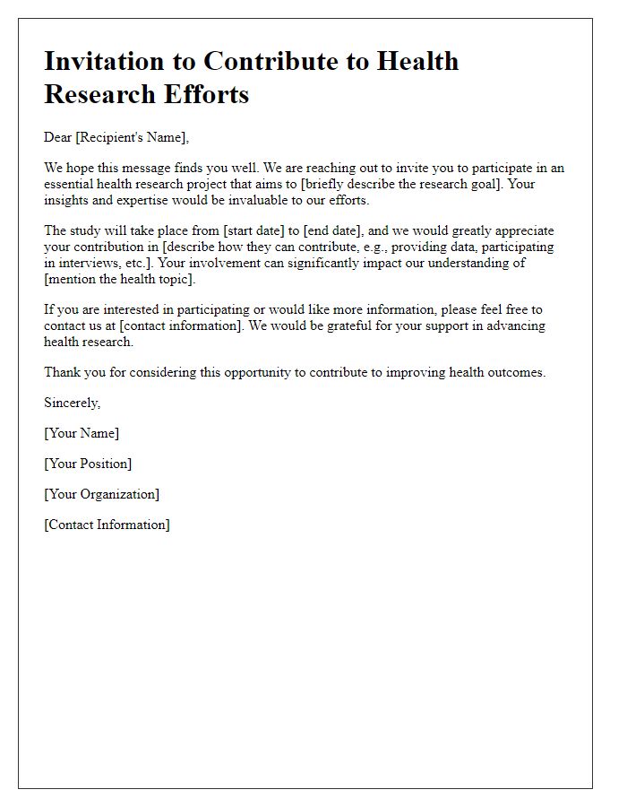 Letter template of an invitation to contribute to health research efforts.