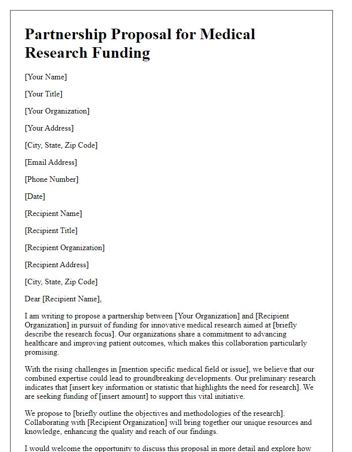 Letter template of a partnership proposal for medical research funding.