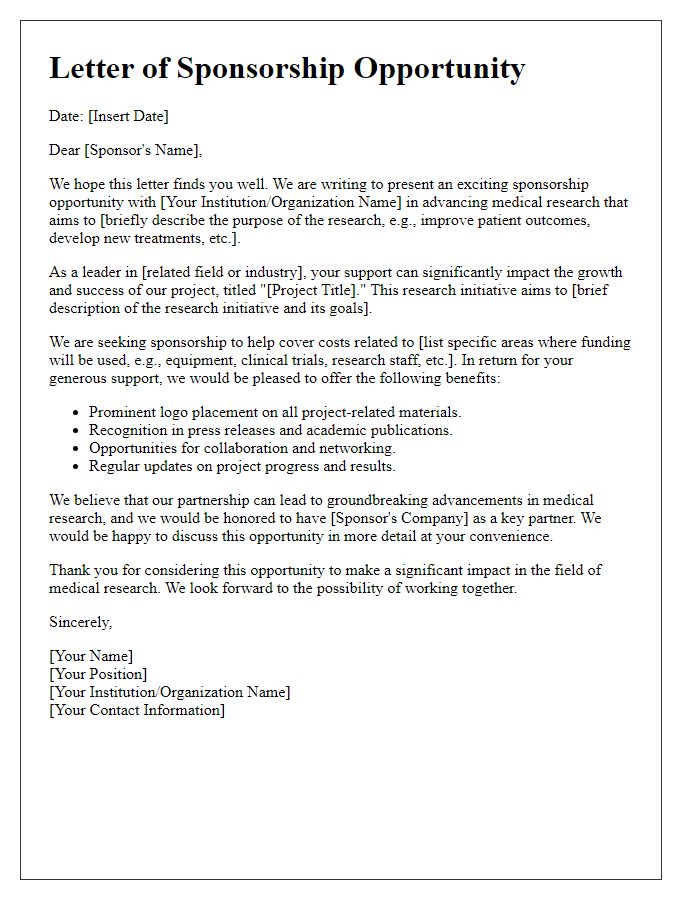 Letter template of a sponsorship opportunity in medical research.