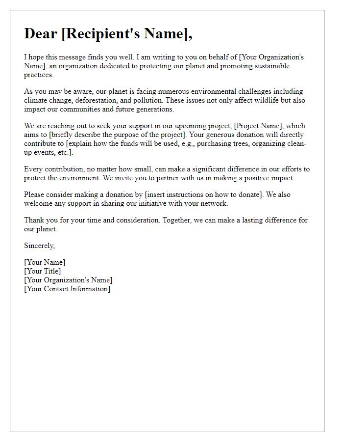 Letter template of Request for Donations to Protect Our Planet