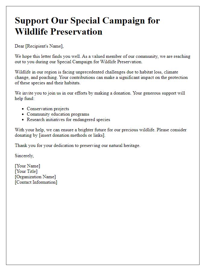 Letter template of Special Campaign for Wildlife Preservation Contributions