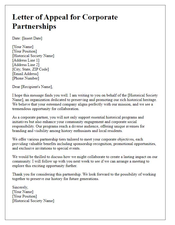 Letter template of an appeal for corporate partnerships with the historical society.