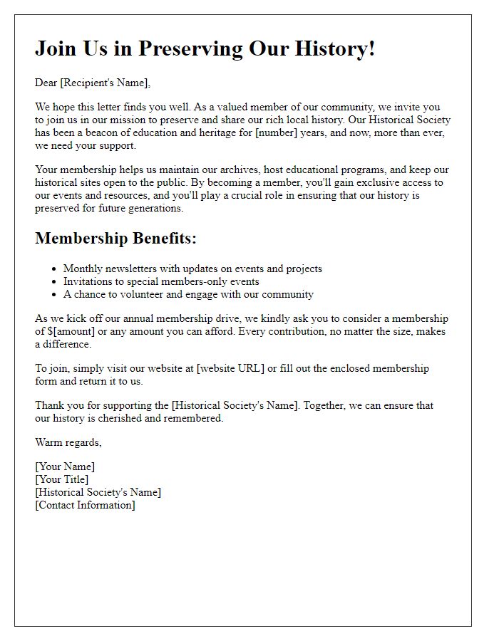 Letter template of a fundraising appeal for historical society membership drive.