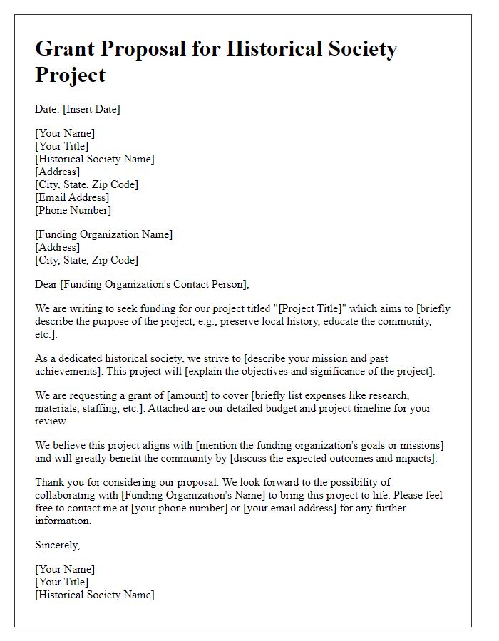 Letter template of a grant proposal for historical society projects.