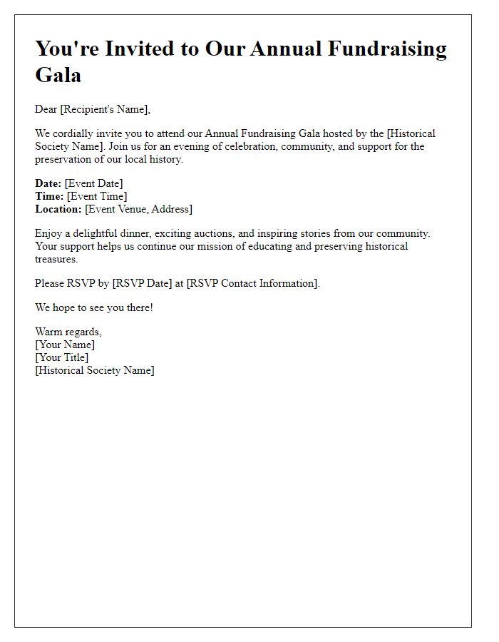 Letter template of an invitation to a fundraising gala for the historical society.