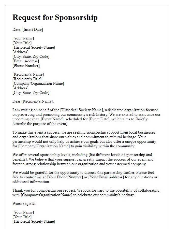 Letter template of a sponsorship request for historical society events.